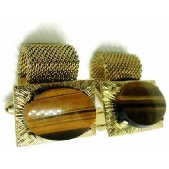 Oval Tiger Eye Mesh Wraparound Bullet Gold Tone Cuff Link Mens Vintage Cufflinks - Picture 2 of 8